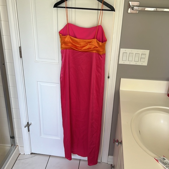 Alice + Olivia Revolve Lilita Satin Maxi Dress High Slit Strappy Neon - Picture 6 of 7